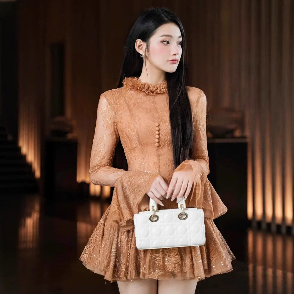 pandora lace Embroidered Flared long sleeve Mini Dress