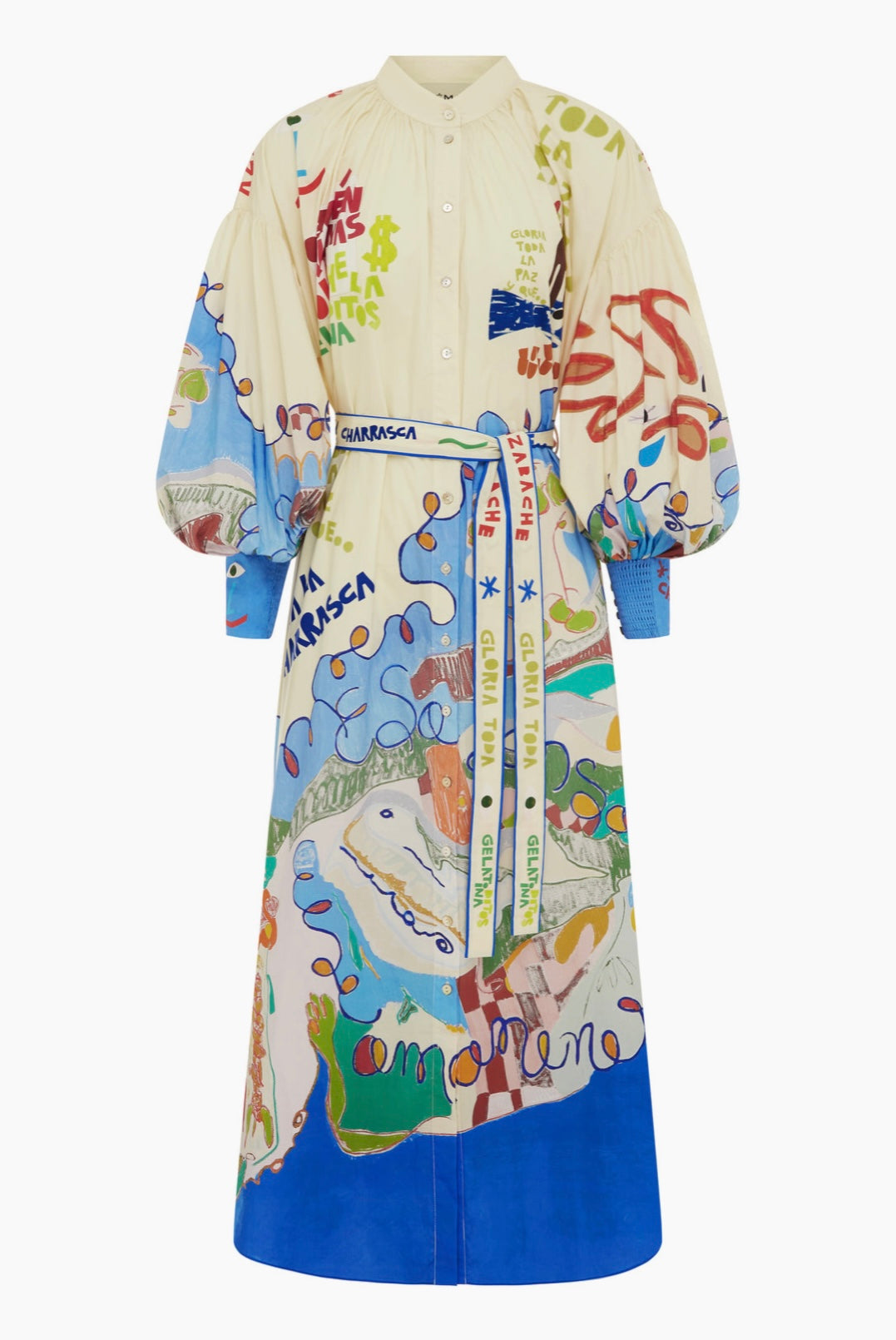 lillian Single-breasted long lantern sleeves with graffiti print  maxi dress