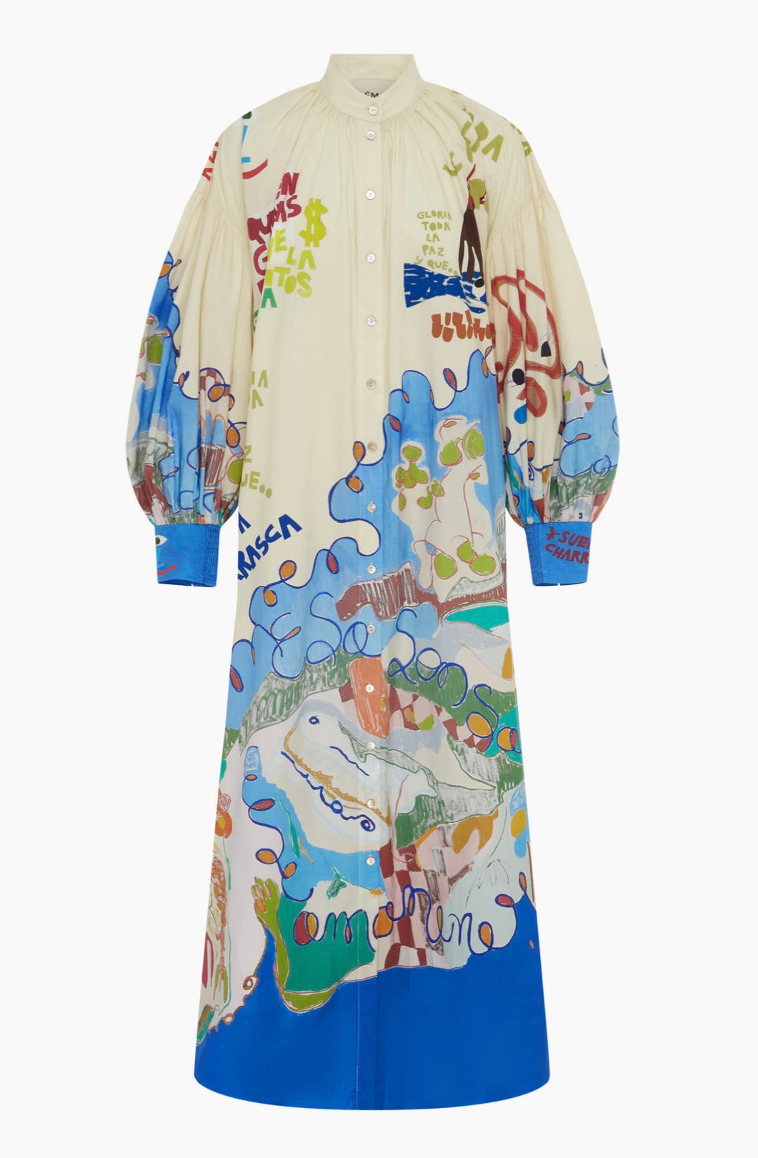 lillian Single-breasted long lantern sleeves with graffiti print  maxi dress