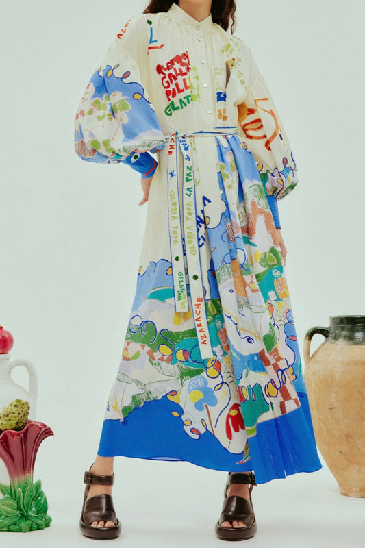 Ellalabel lillian Single-breasted long lantern sleeves with graffiti print  maxi dress - Crafted from High-quality Fabrication- Ideal for Wedding Guest and Formal Galas.