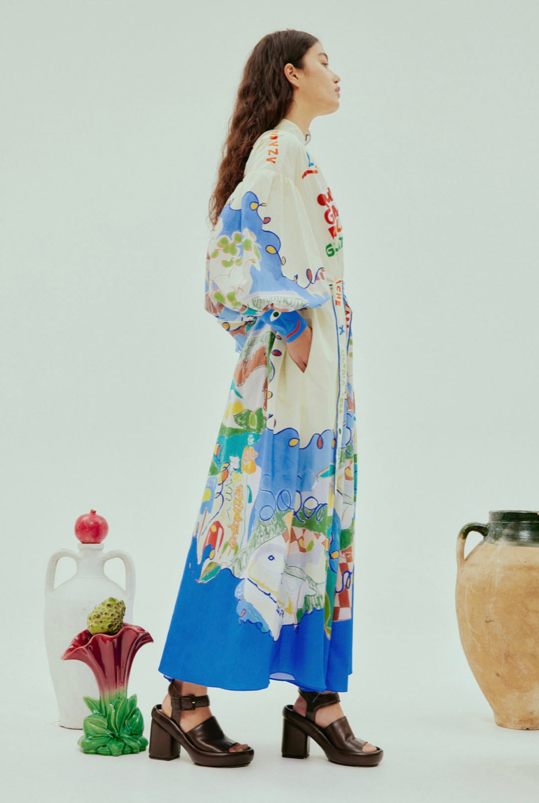 lillian Single-breasted long lantern sleeves with graffiti print  maxi dress