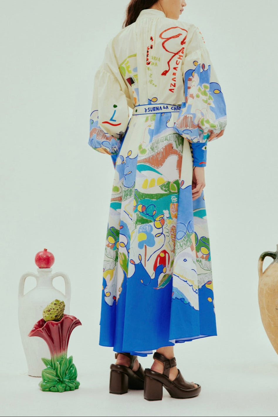 lillian Single-breasted long lantern sleeves with graffiti print  maxi dress