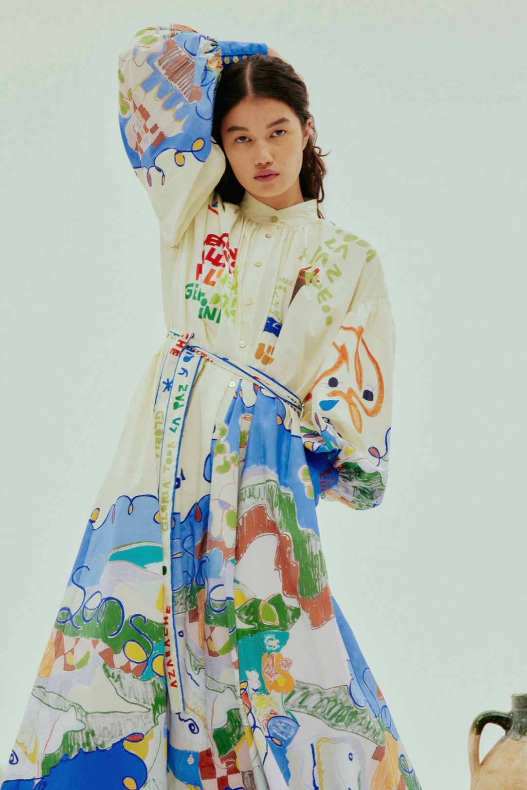 lillian Single-breasted long lantern sleeves with graffiti print  maxi dress