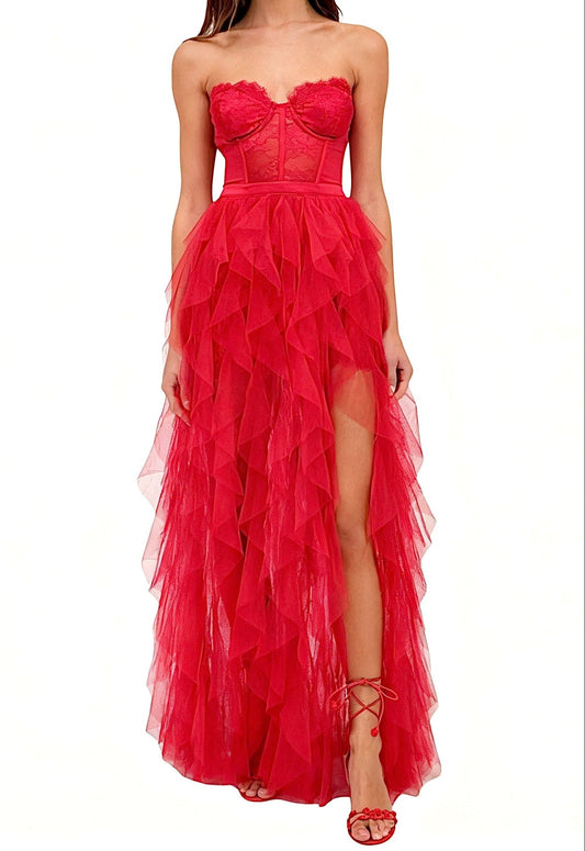 Ellalabel virginia RED STRAPLESS LACE PATCHWORK MESH MAXI DRESS - Crafted from Intricate Lace Fabrication- Ideal for Wedding Guest and Formal Galas.