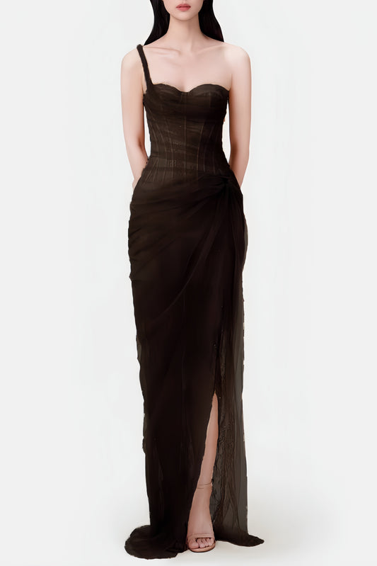 Ellalabel zenobia Lace Corset One Shoulder Midi Dress - Black - Crafted from Intricate Lace Fabrication- Perfect for Garden Parties and Resort Wear.