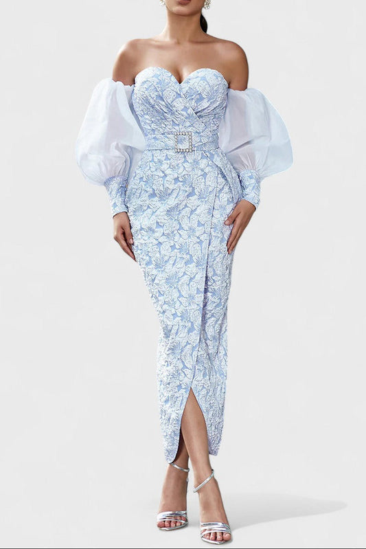 Ellalabel lindsay Off-Shoulder Embroidered Midi Dress – Icy Blue in Light Blue - Crafted from High-quality Fabrication- Perfect for Garden Parties and Resort Wear.