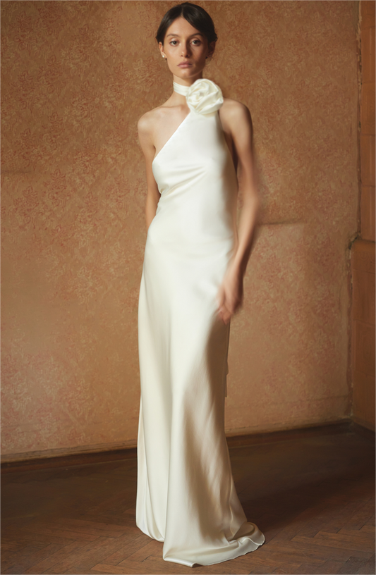 Ellalabel 3D Floral Satin Solid Maxi Dress in White - Crafted from Glossy Silk Satin- Ideal for Wedding Guest and Formal Galas.