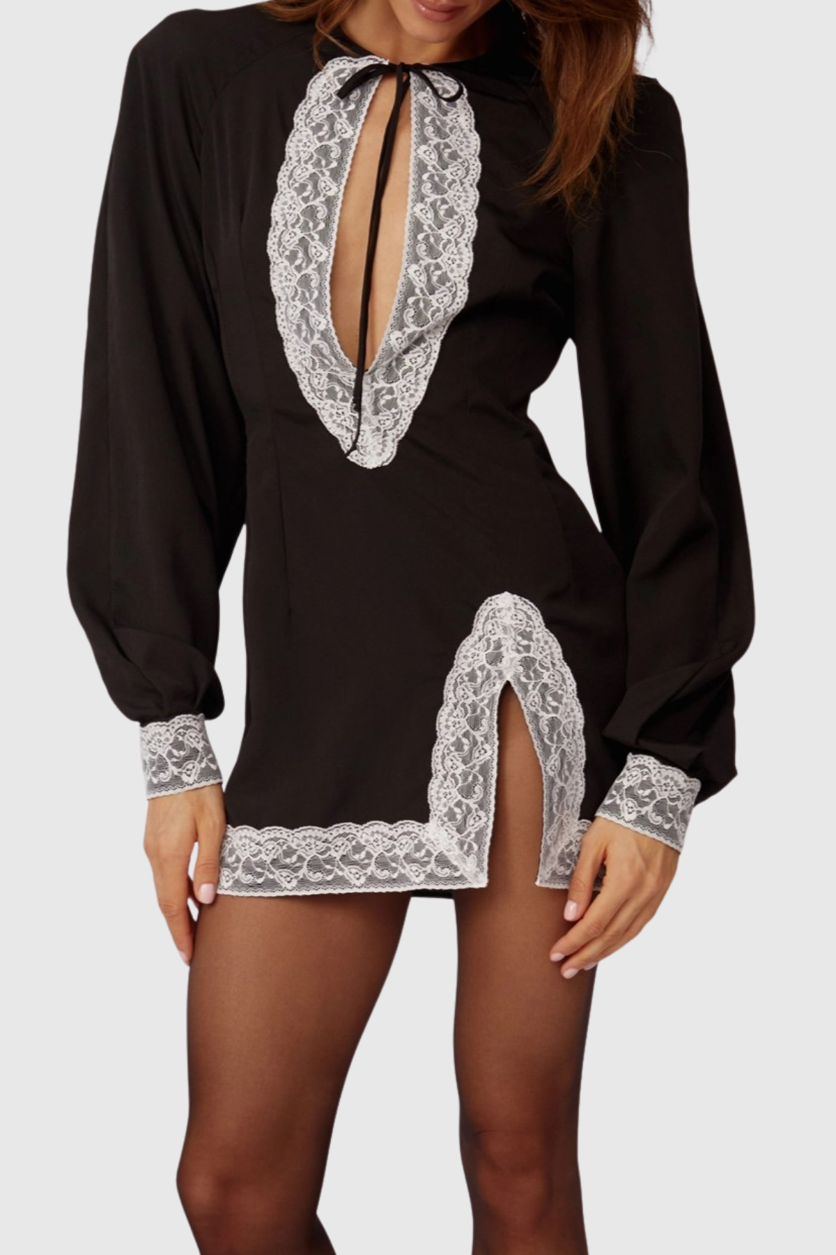 maureen Lace Contrast Satin Mini Dress in black