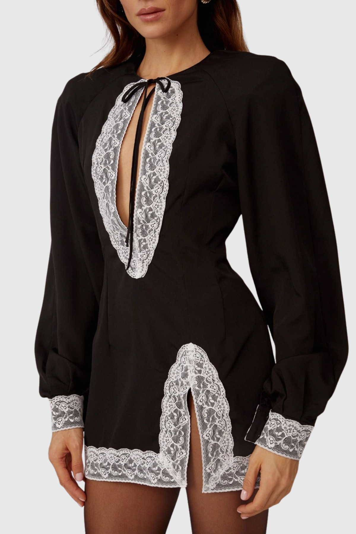 maureen Lace Contrast Satin Mini Dress in black