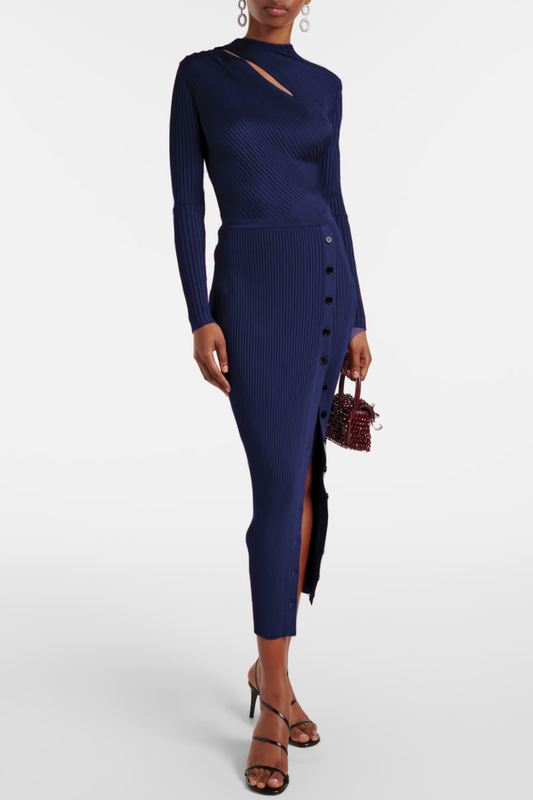 Ellalabel murray Cutout Ribbed Knit Midi Dress - Navy - Crafted from Soft-touch Fine Knit- Perfect for Garden Parties and Resort Wear.