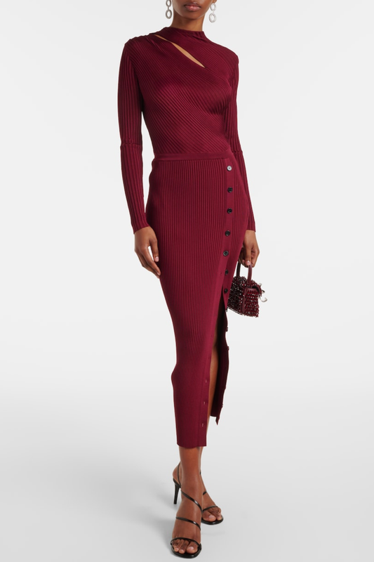 Ellalabel murray Cutout Ribbed Knit Midi Dress - Wine - Crafted from Soft-touch Fine Knit- Perfect for Garden Parties and Resort Wear.