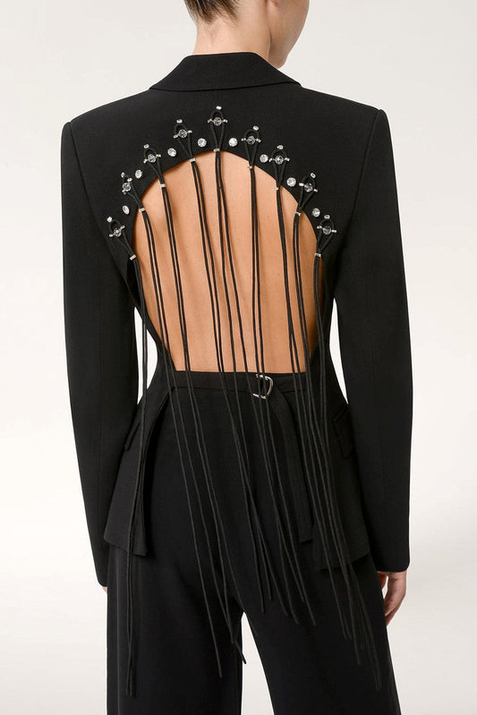 Ellalabel Kaler Fringed Backless Blazer in BLACK - Crafted from High-quality Fabrication - Designed for Elegant Occasions.