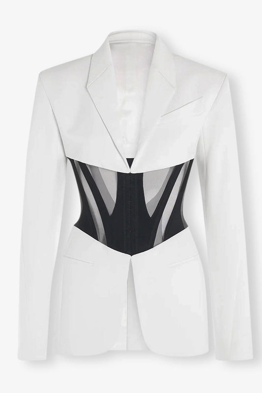Ellalabel Kamryn Paneled Mesh Blazer - White - Crafted from High-quality Fabrication - Designed for Elegant Occasions.