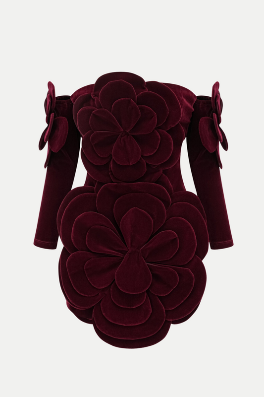 Ellalabel Kerio Floral Appliqué Velvet Mini Dress - Red - Crafted from Luxury Velvet- Best for Cocktail Parties and Night Out.