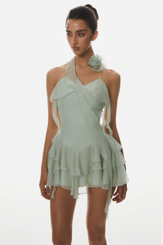 Ellalabel Kyrie Halter Floral Ruffle Mini Dress - Green - Crafted from High-quality Fabrication- Best for Cocktail Parties and Night Out.