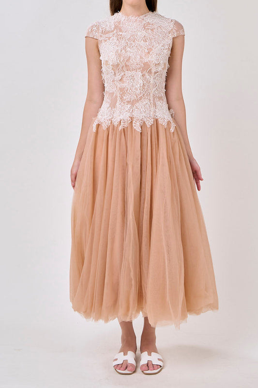 Ellalabel tabitha Sequin lace crochet patchwork mesh maxi dress in brown in Brown(Nude) - Crafted from Intricate Lace Fabrication- Ideal for Wedding Guest and Formal Galas.