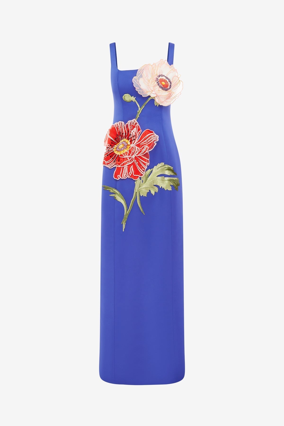 victoria blue square neck flower embroidery satin maxi dress