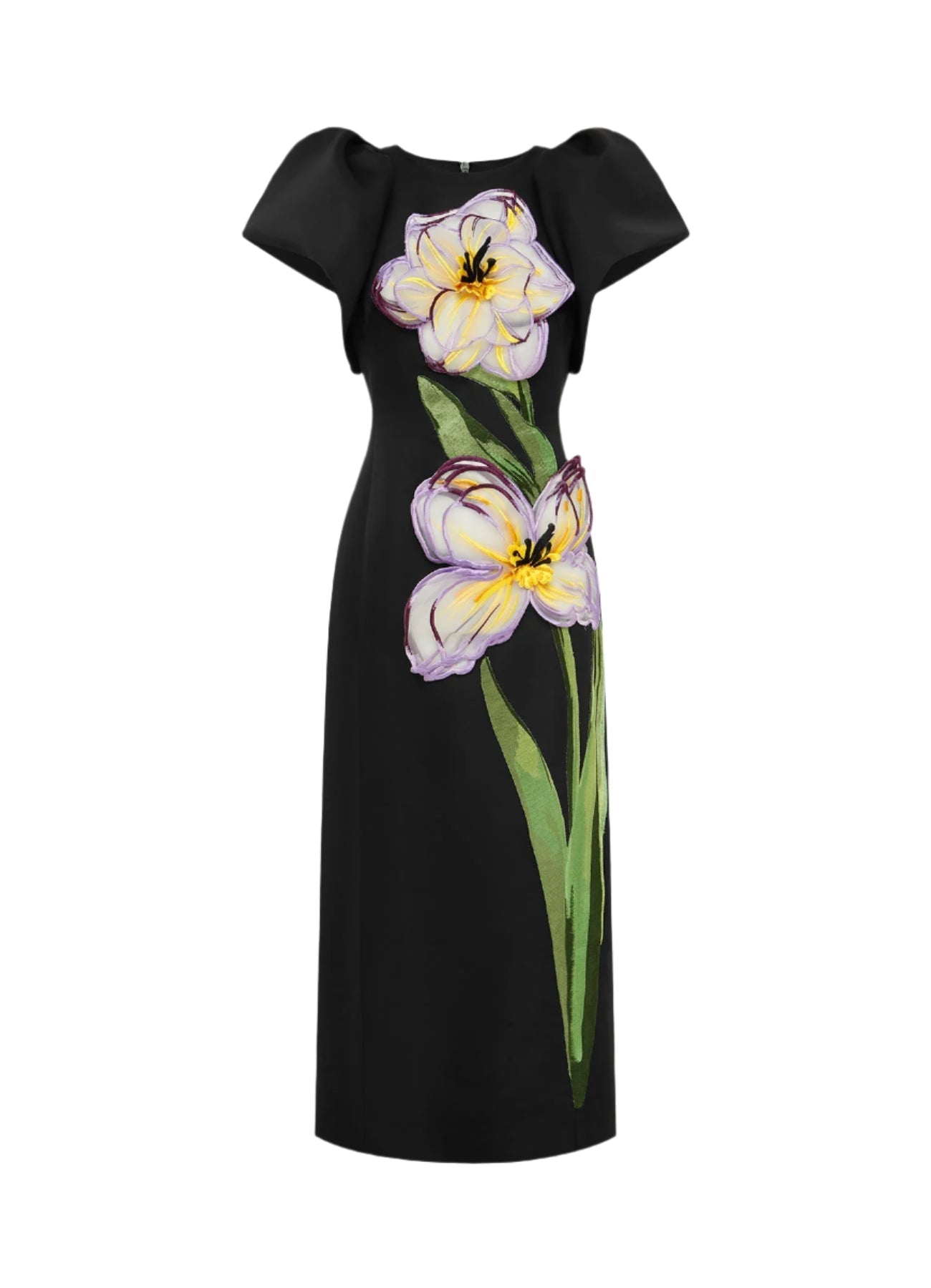 annabelle Iris Print Appliqué Floral Maxi Dress in Ebony