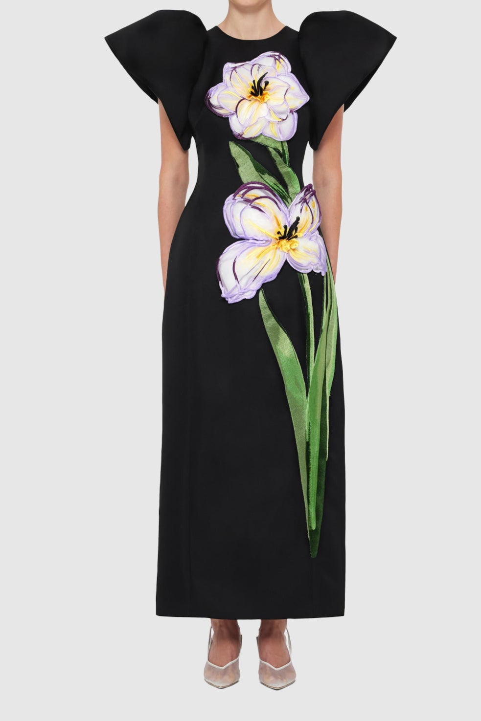 annabelle Iris Print Appliqué Floral Maxi Dress in Ebony - Stylish beautiful dress for special occasions | Buy Online