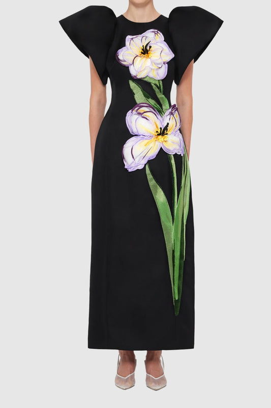 Ellalabel annabelle Iris Print Appliqué Floral Maxi Dress in Ebony - Crafted from High-quality Fabrication- Ideal for Wedding Guest and Formal Galas.