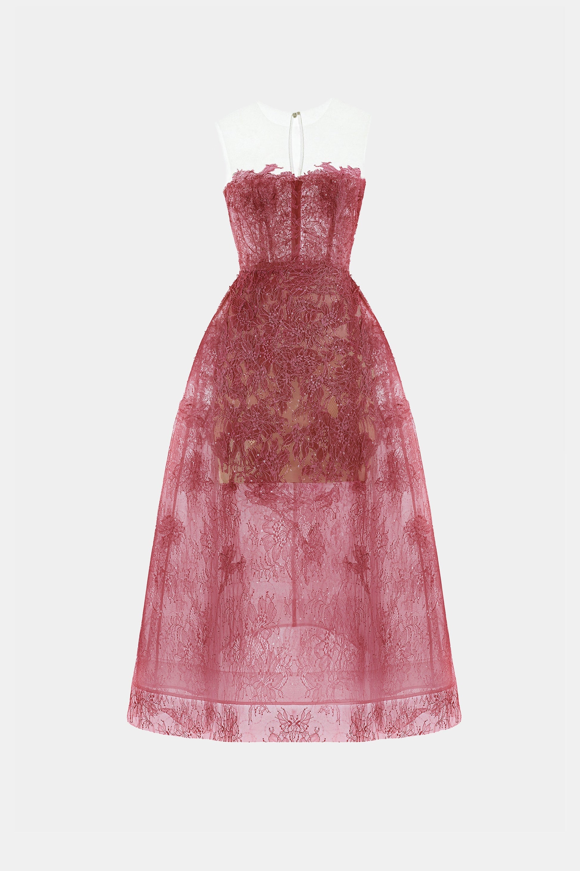 rebecca RED BEADED LACE midi DRESS