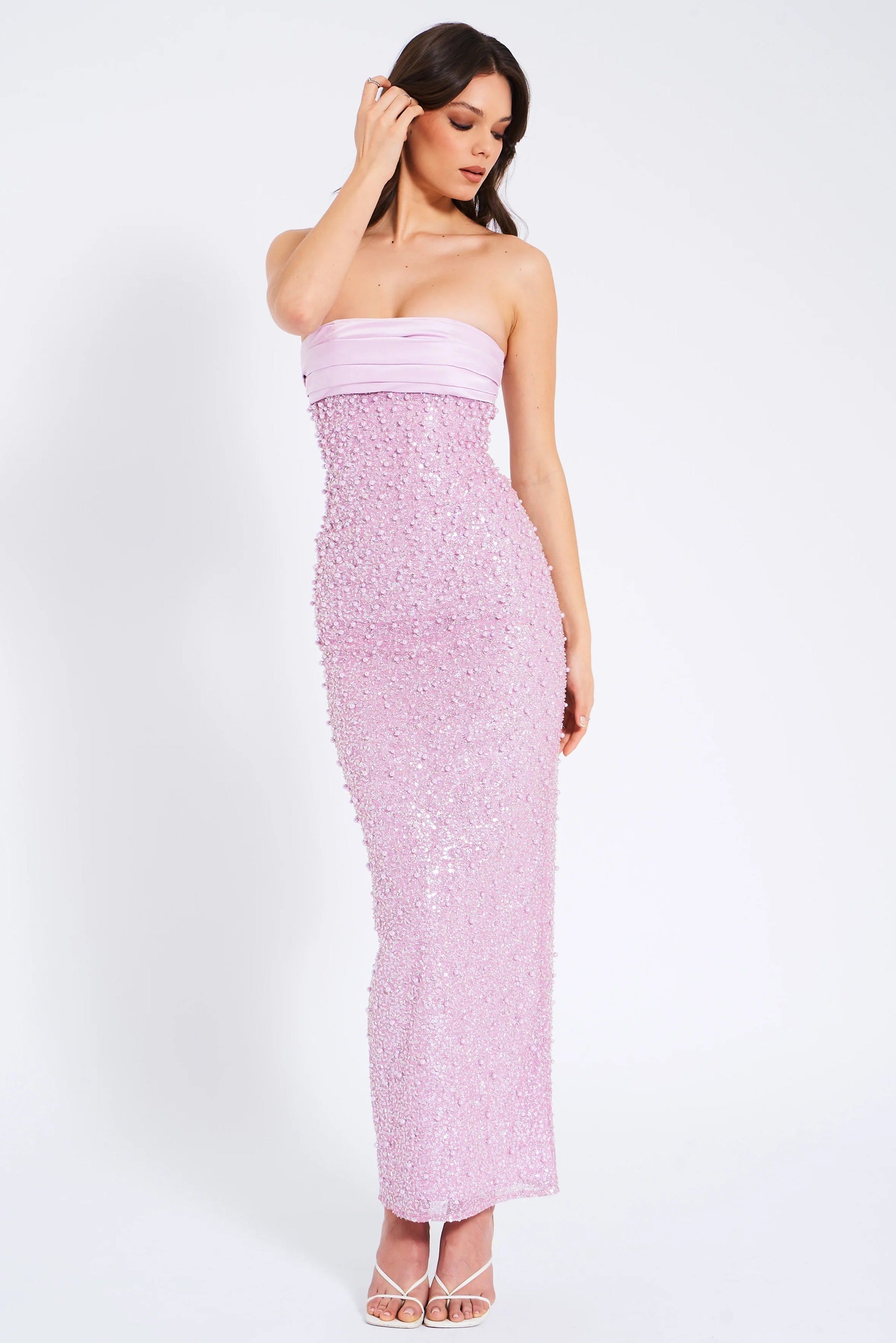 PINK SATIN SEQUIN PEARLS BEADED MAXI DRESS