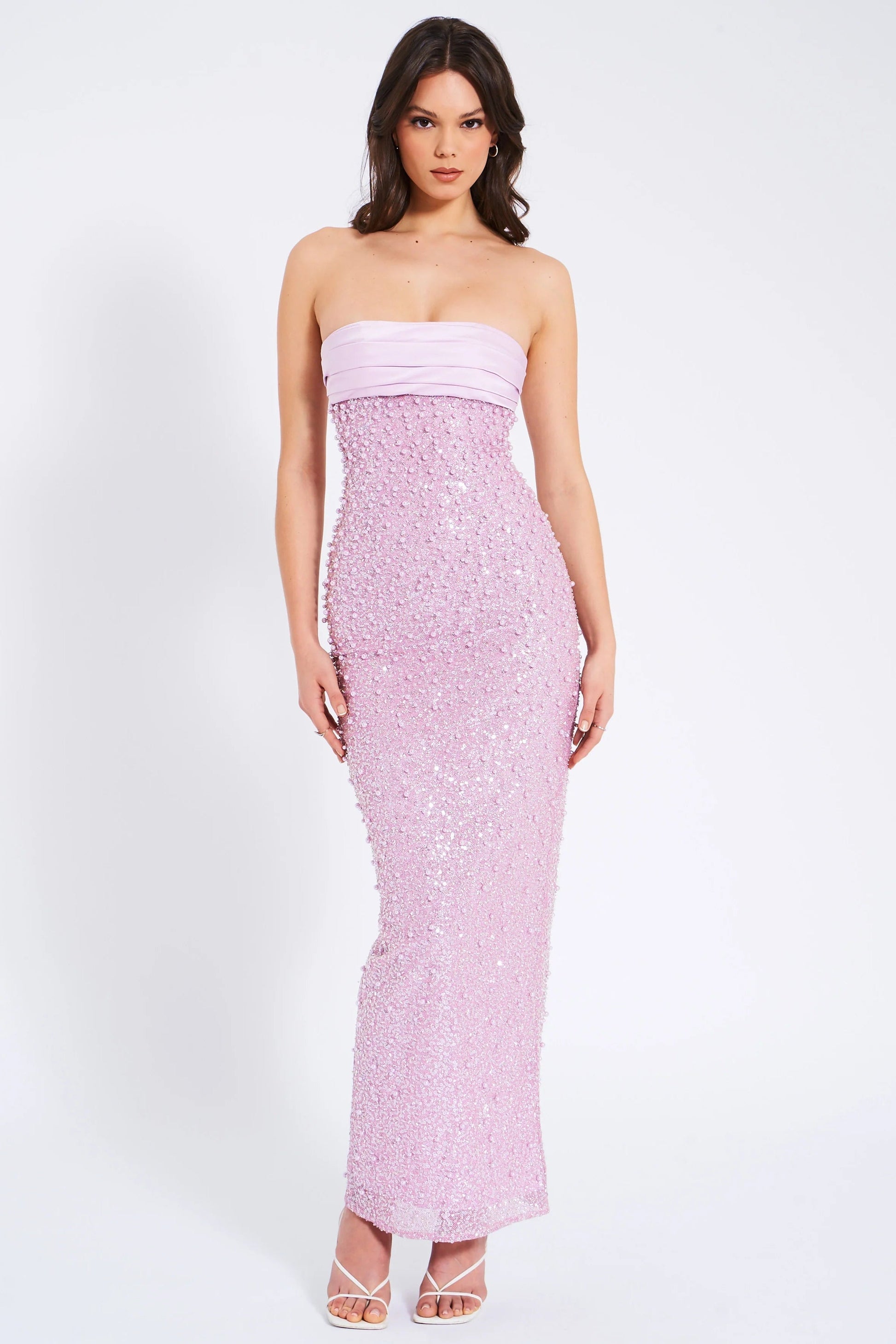 PINK SATIN SEQUIN PEARLS BEADED MAXI DRESS