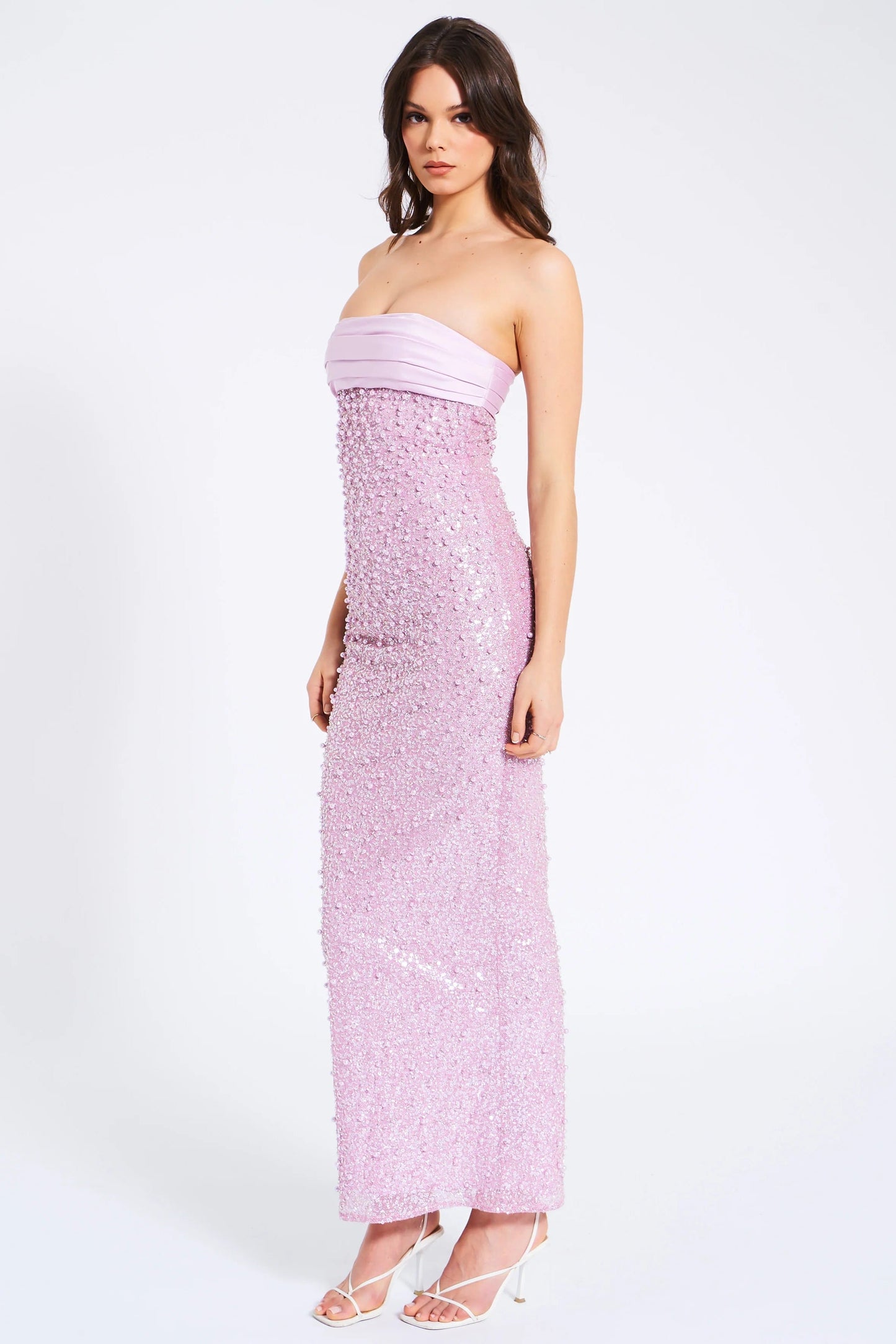 Shop  pink dress - Perfect for special occasions | PINK SATIN SEQUIN PEARLS BEADED MAXI DRESS