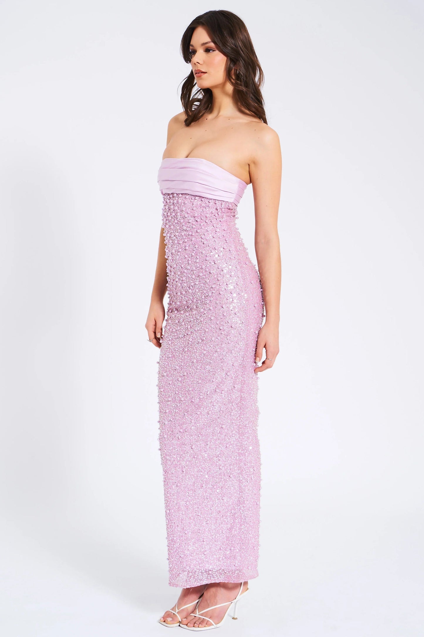 Shop  pink dress - Perfect for special occasions | PINK SATIN SEQUIN PEARLS BEADED MAXI DRESS
