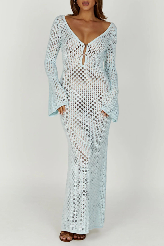 Ellalabel Lana Knit Cutout Plunge Maxi Dress In Blue - Crafted from Soft-touch Fine Knit- Ideal for Wedding Guest and Formal Galas.