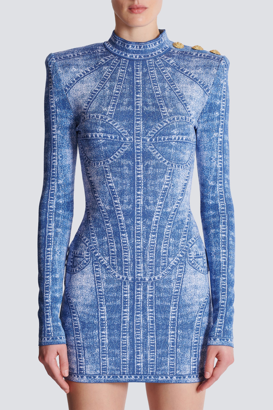 Ellalabel Mya Jacquard Denim-Effect Mini Dress - Crafted from High-quality Fabrication- Best for Cocktail Parties and Night Out.