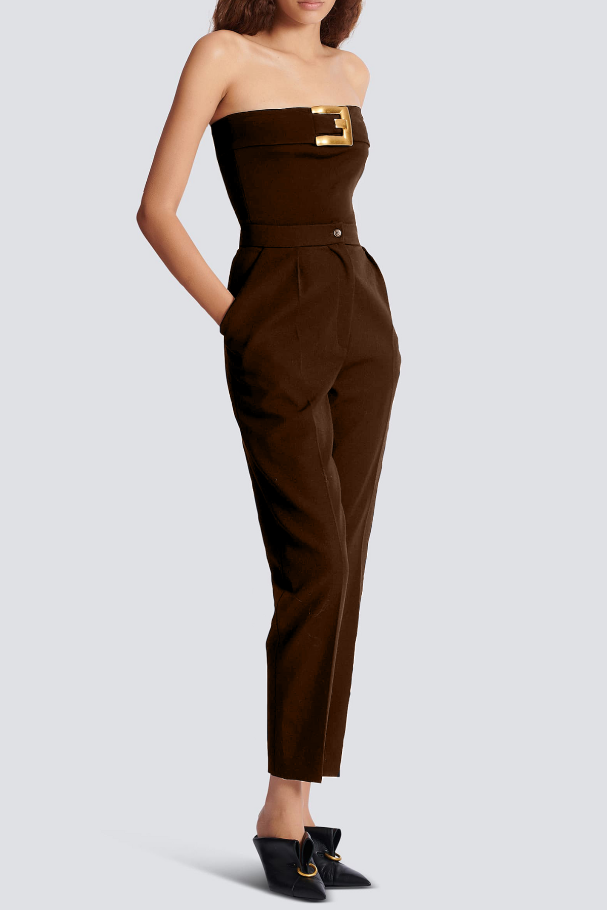 jamie Strapless Belted Bodysuit in Brown