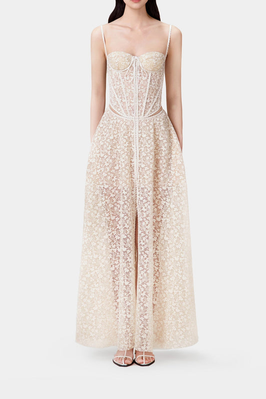 Ellalabel tiffany beige lace embroidery maxi dress - Crafted from Intricate Lace Fabrication- Ideal for Wedding Guest and Formal Galas.