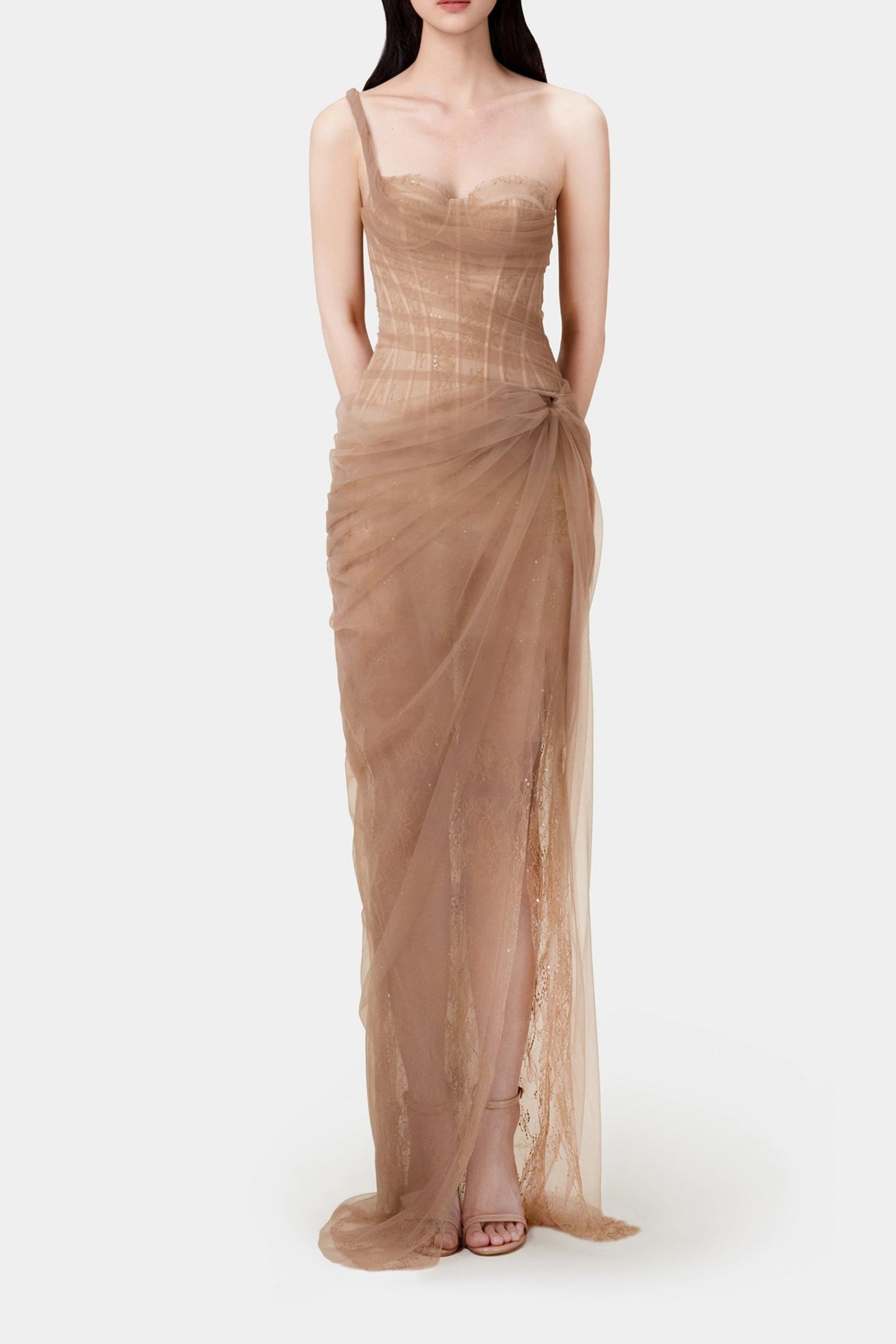 xaviera BROWN LACE CORSET maxi DRESS