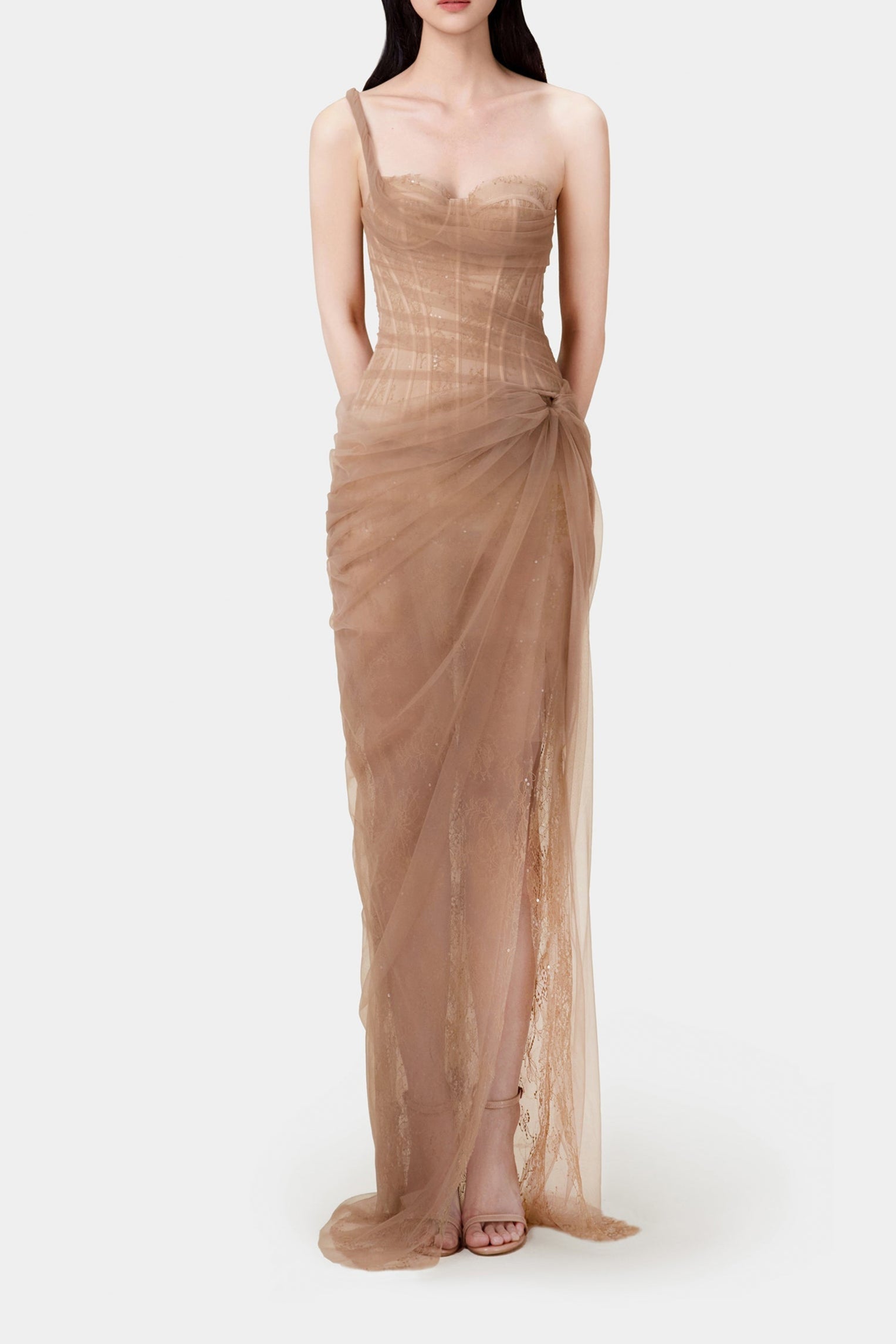 xaviera BROWN LACE CORSET maxi DRESS