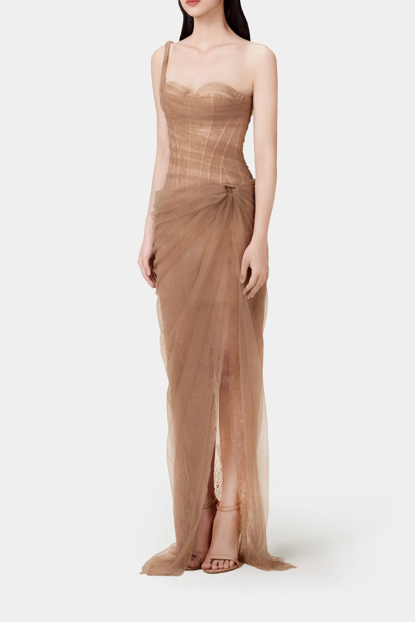 xaviera BROWN LACE CORSET maxi DRESS