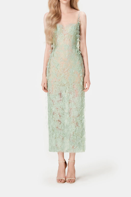 Ellalabel theresa Mint Beaded Lace midi Dress - Crafted from Intricate Lace Fabrication- Perfect for Garden Parties and Resort Wear.