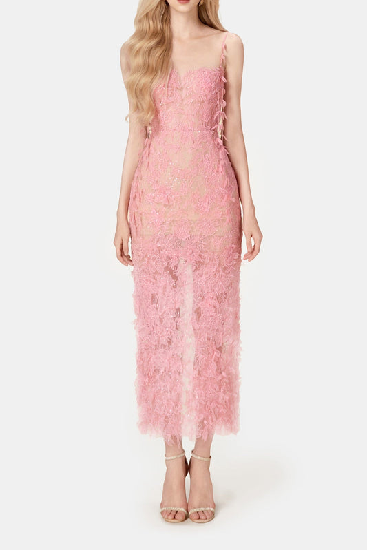 Ellalabel polly PINK BEADED LACE PENCEL midi DRESS - Crafted from Intricate Lace Fabrication- Perfect for Garden Parties and Resort Wear.