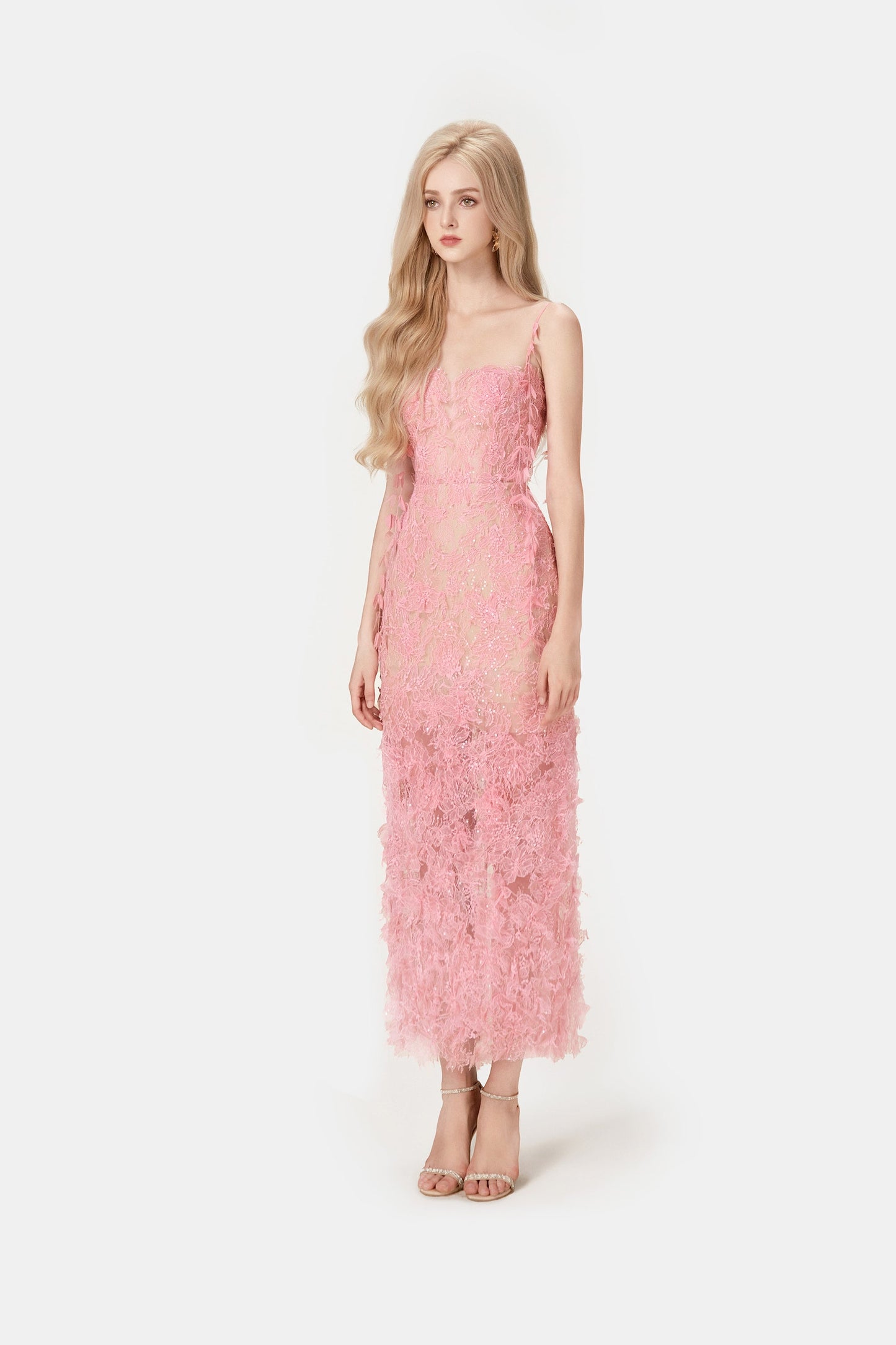 polly PINK BEADED LACE PENCEL midi DRESS