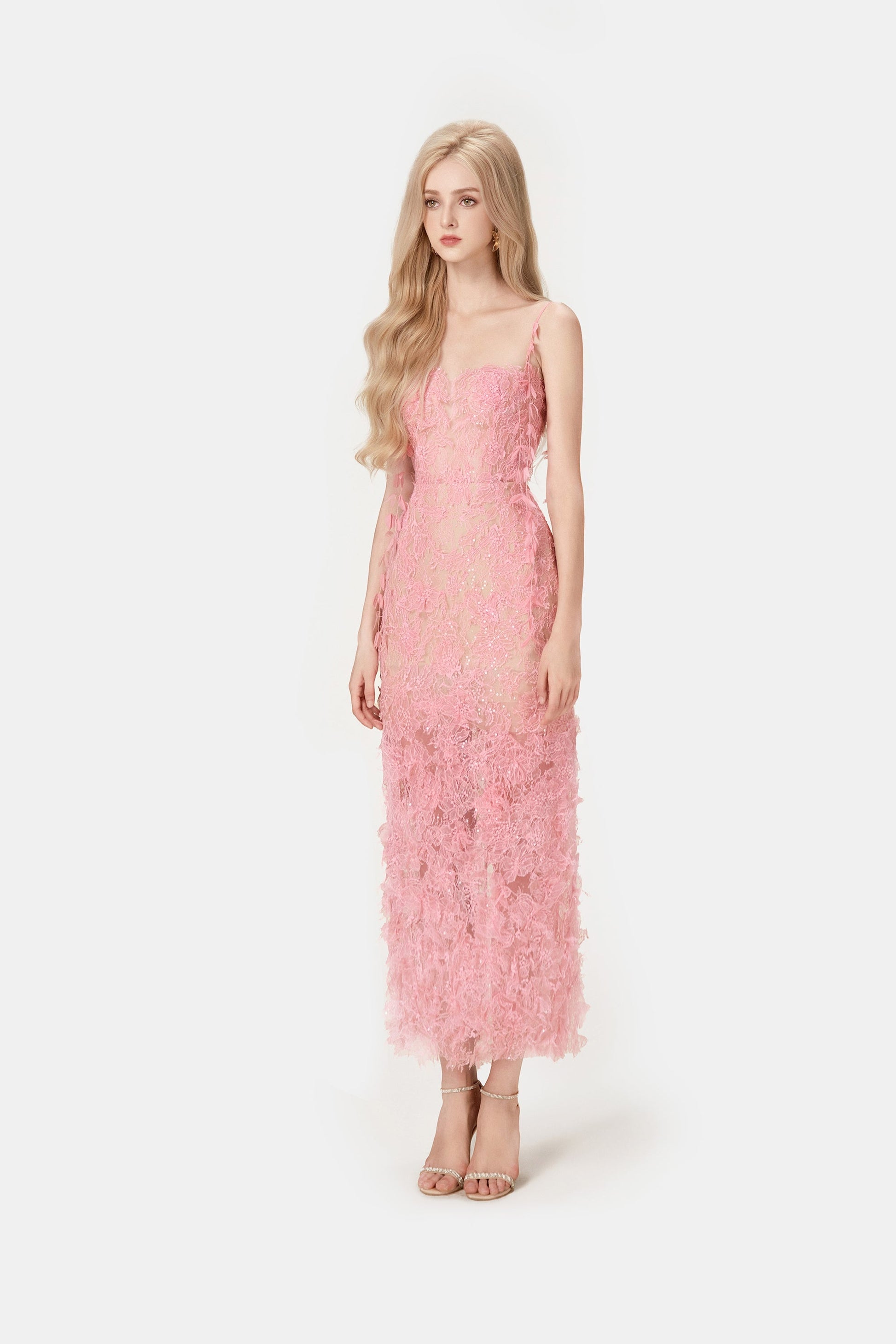 polly PINK BEADED LACE PENCEL midi DRESS