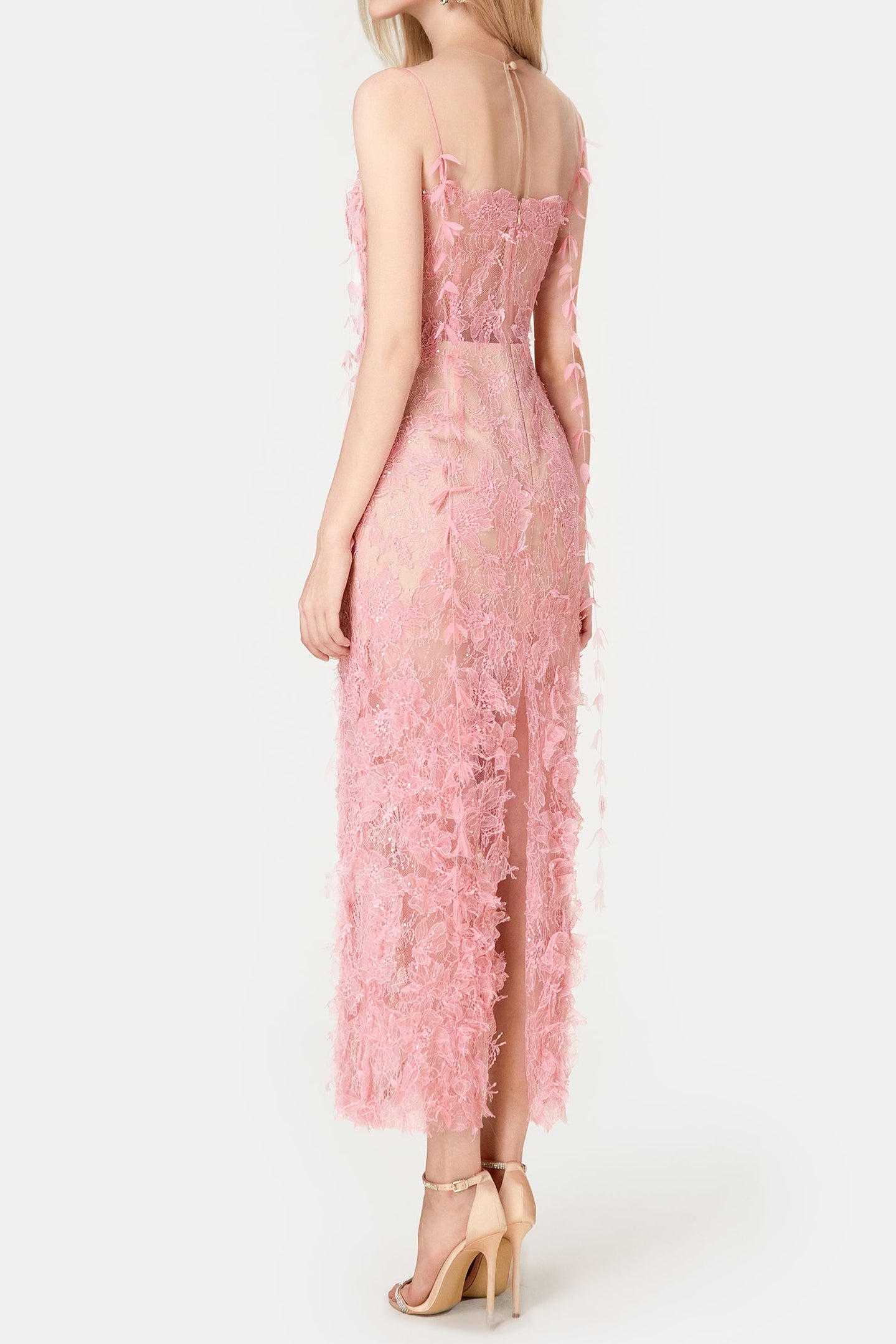 polly PINK BEADED LACE PENCEL midi DRESS