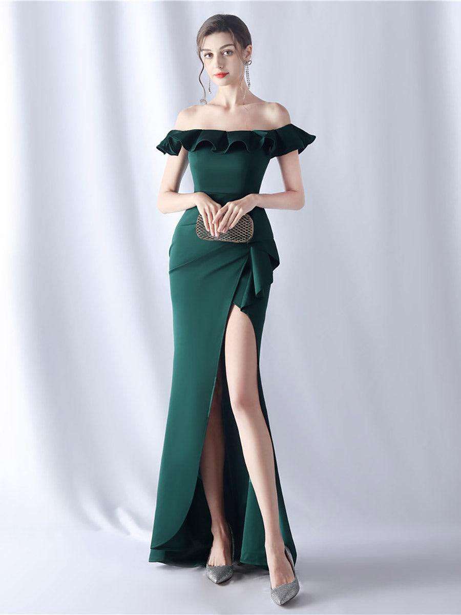 Off Shoulder Ruffled Split Thigh Prom Dress