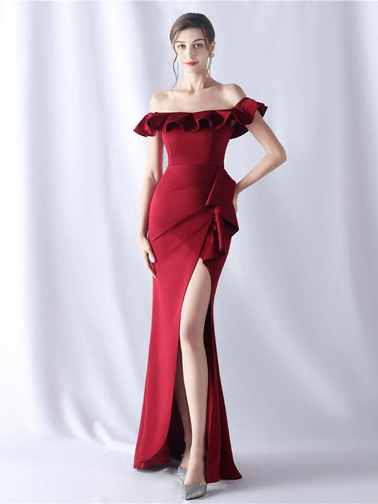 Ellalabel Off Shoulder Ruffled Split Thigh Prom Dress in Wine - Crafted from High-quality Fabrication - Designed for Elegant Occasions.