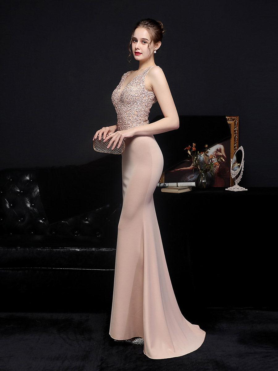 V-neck Sleeveless Embroidered Evening Dress