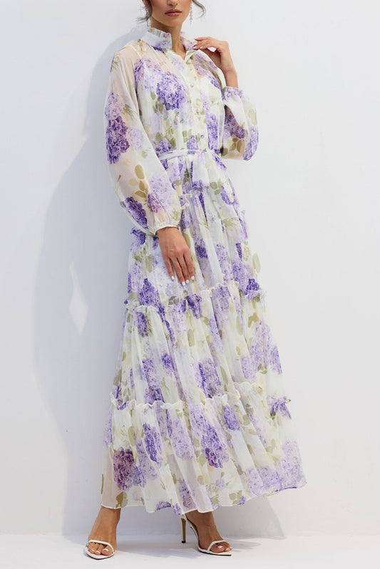 Ellalabel apphia Floral Print Long Sleeve Chiffon Maxi Dress - Crafted from Flowy Chiffon- Ideal for Wedding Guest and Formal Galas.