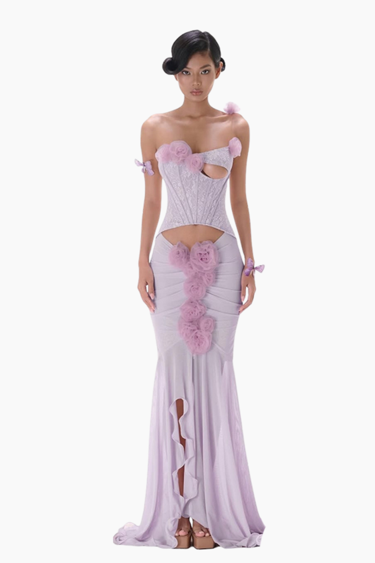 Sophia 3d flower strapless fishtail maxi dress in purple