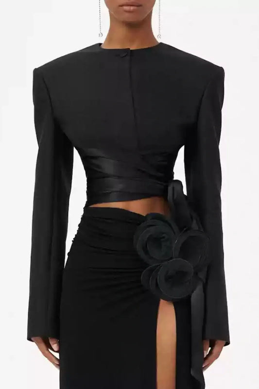 Ellalabel Maelie Bow Detail Satin Crop Blazer  - Black - Crafted from Glossy Silk Satin - Designed for Elegant Occasions.