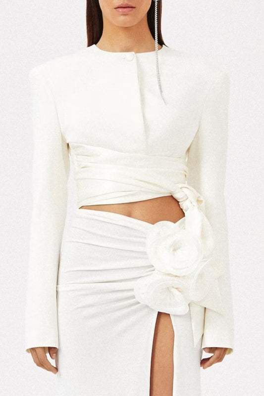 Ellalabel Maelie Bow Detail Satin Crop Blazer  - White - Crafted from Glossy Silk Satin - Designed for Elegant Occasions.