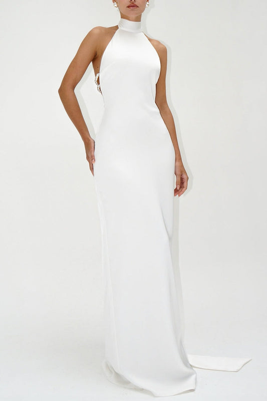 Ellalabel Maelis Pearl Satin Halter Maxi Dress - White - Crafted from Glossy Silk Satin- Ideal for Wedding Guest and Formal Galas.
