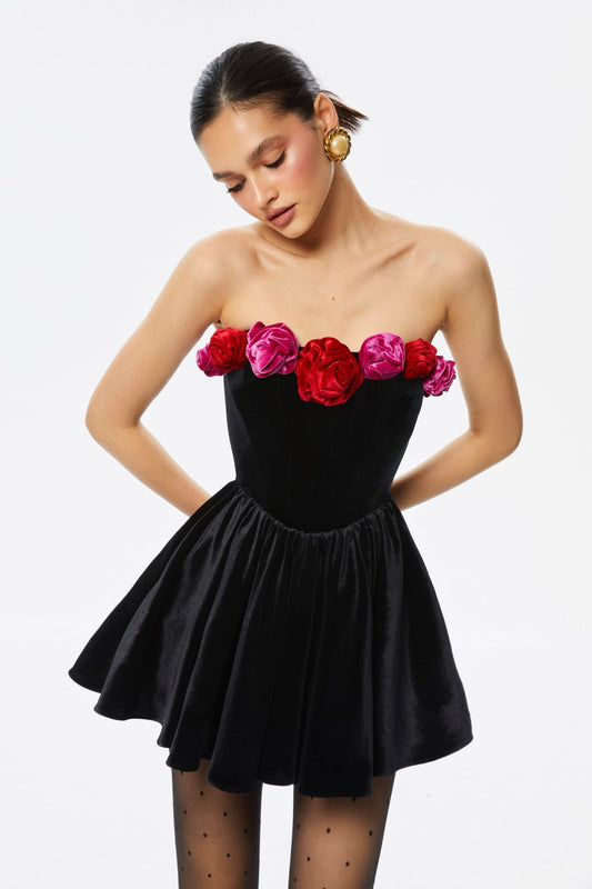 Ellalabel Marley Floral Strapless Velvet Mini Dress - Crafted from Luxury Velvet- Best for Cocktail Parties and Night Out.